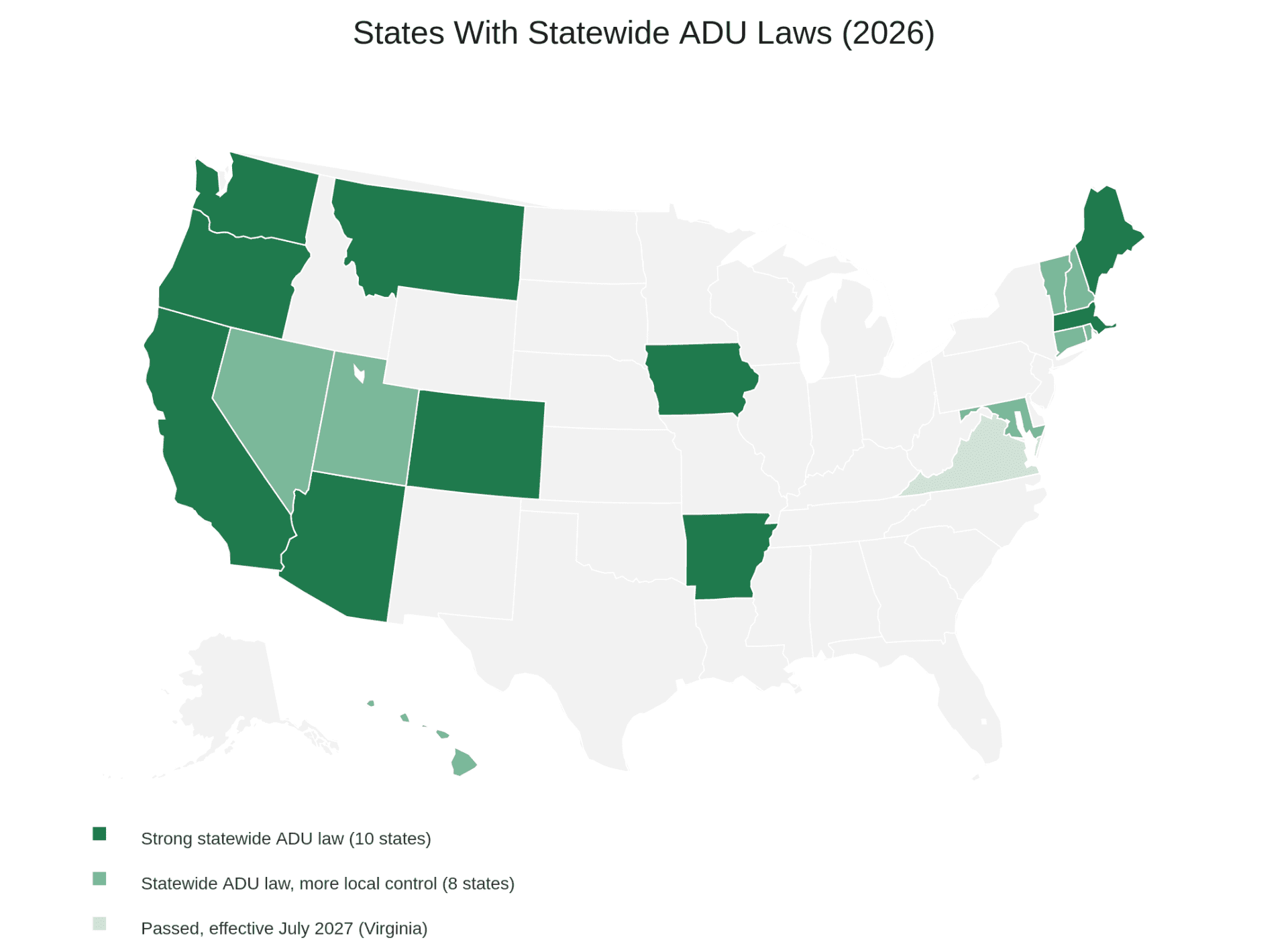 US map showing the 18 states with statewide ADU laws in 2026, shaded by strong and weaker reforms