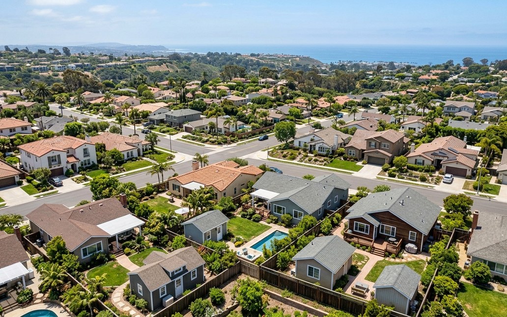Aerial view of a San Diego neighborhood with backyard ADUs