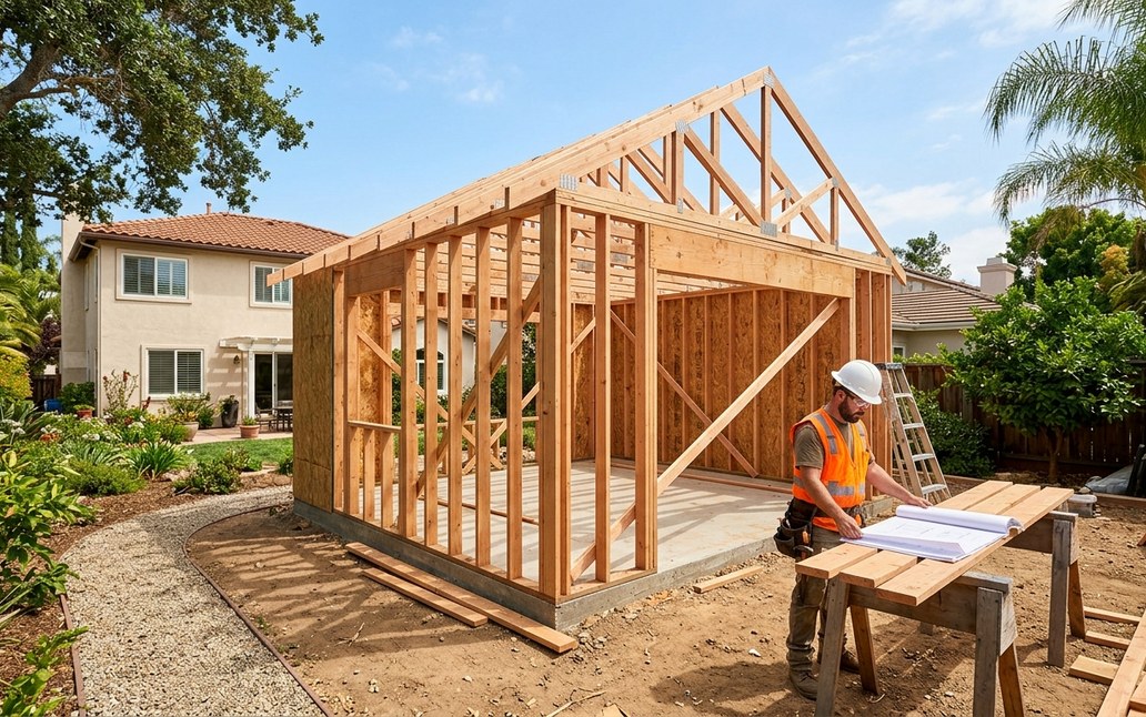 ADU under construction in a San Diego backyard