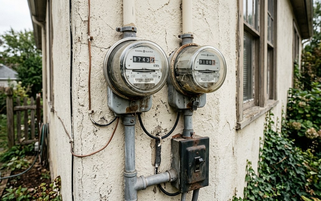 Two residential electric meters on a house wall
