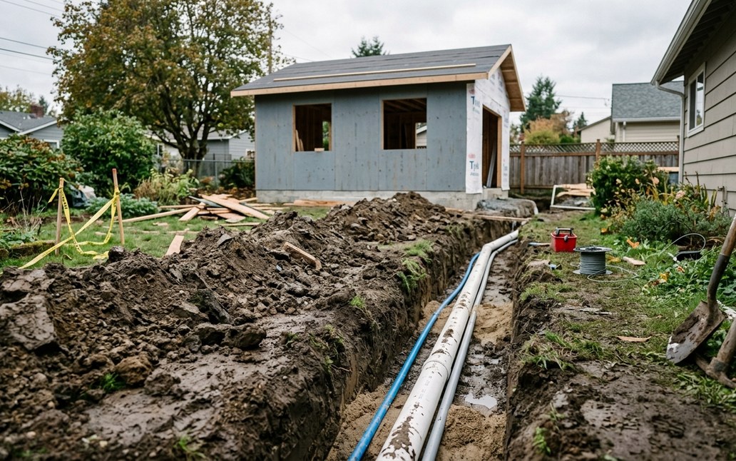Utility trench with water, sewer, and electrical lines in a backyard