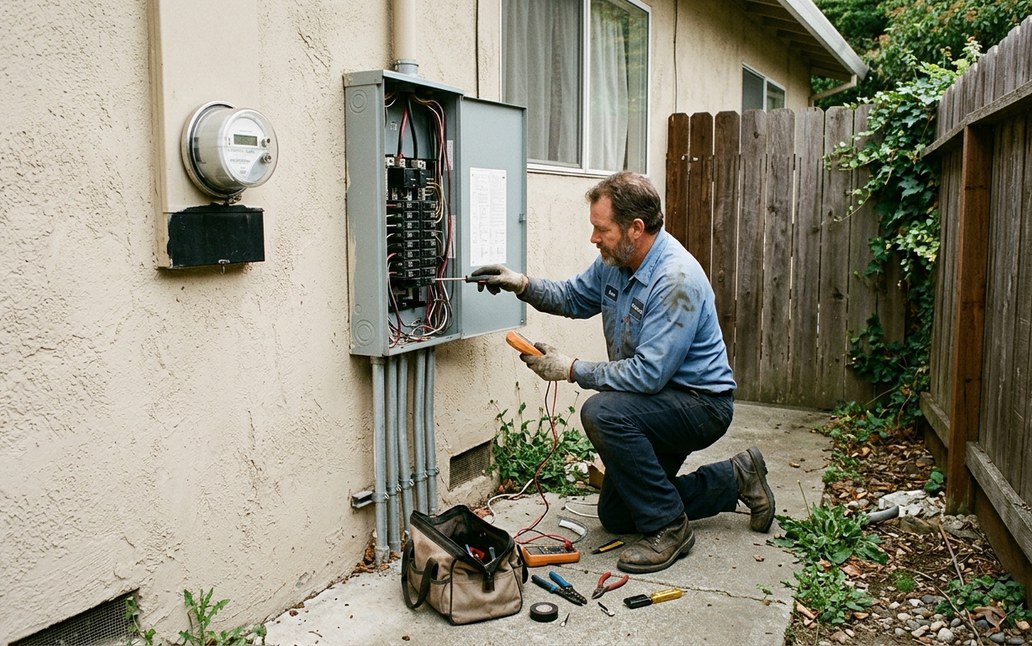 An electrician upgrading an electrical panel on the side of a house next to the utility meter