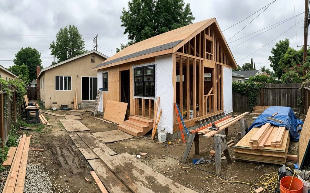 A detached backyard ADU under construction in Los Angeles