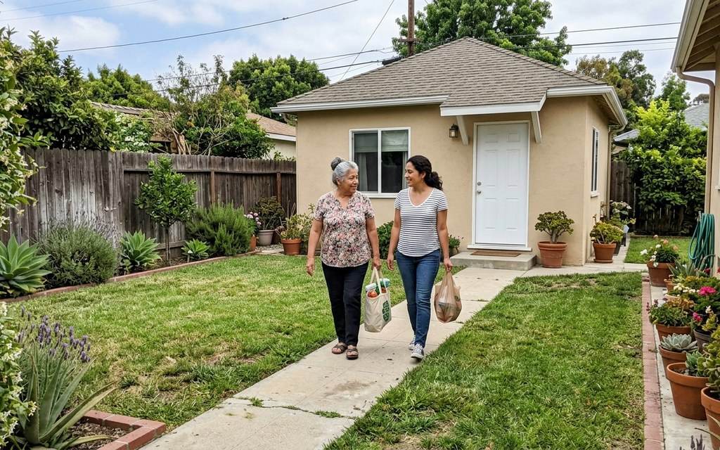 A mother and daughter walking to a two-bedroom backyard ADU in Los Angeles