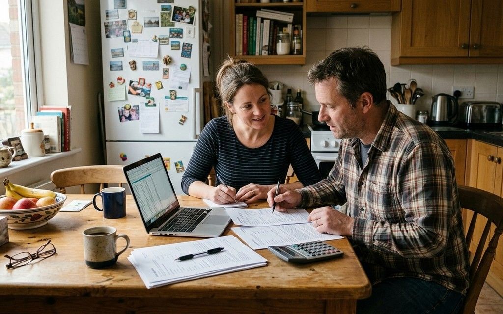 A couple reviewing ADU loan paperwork at a kitchen table