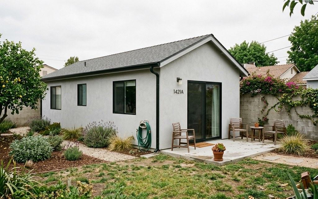 A finished two-bedroom detached ADU in a Los Angeles backyard